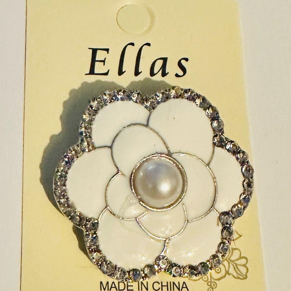 Ella White Camellia Flower Brooch with Rhinestone Accents